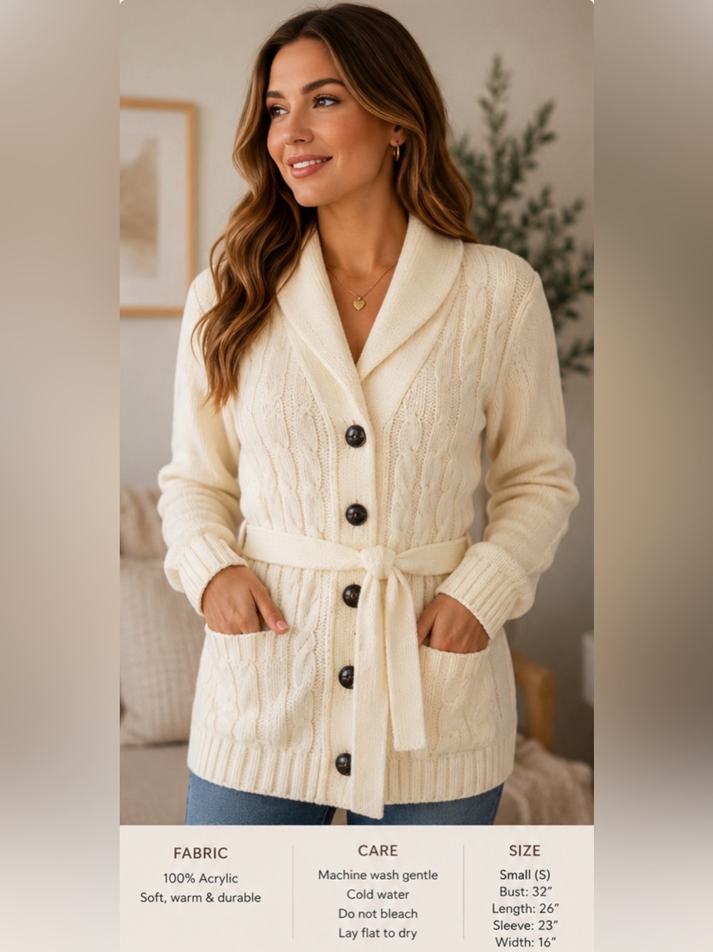 Cream Cable-Knit Shawl Collar Cardigan with Belt